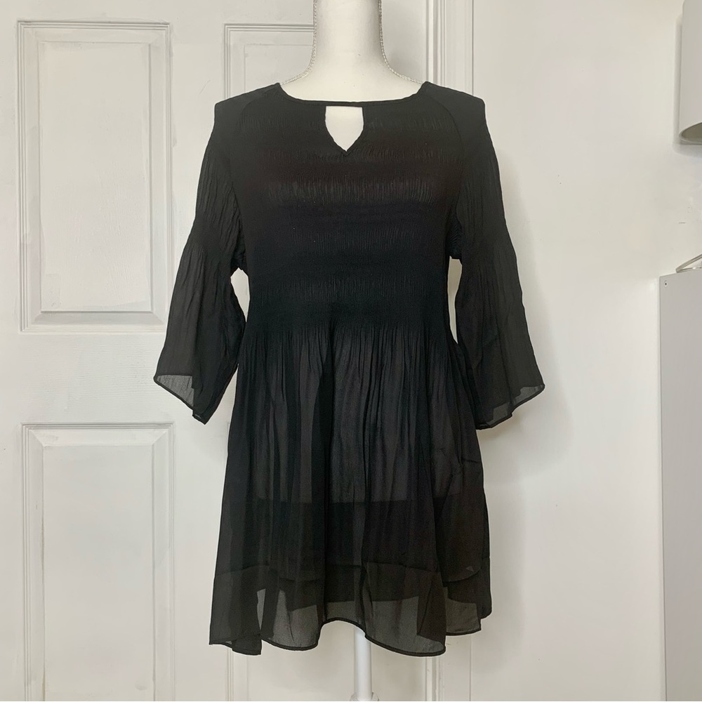 Vintage Black Sheer Tunic / Micro Mini / Blouse Bell Sleeves Roaman’s Sz 14W Y2K